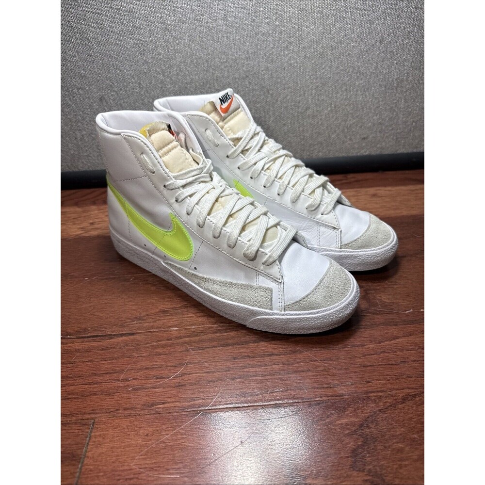 Nike White High-Top Sneakers with Neon Yellow Swoosh